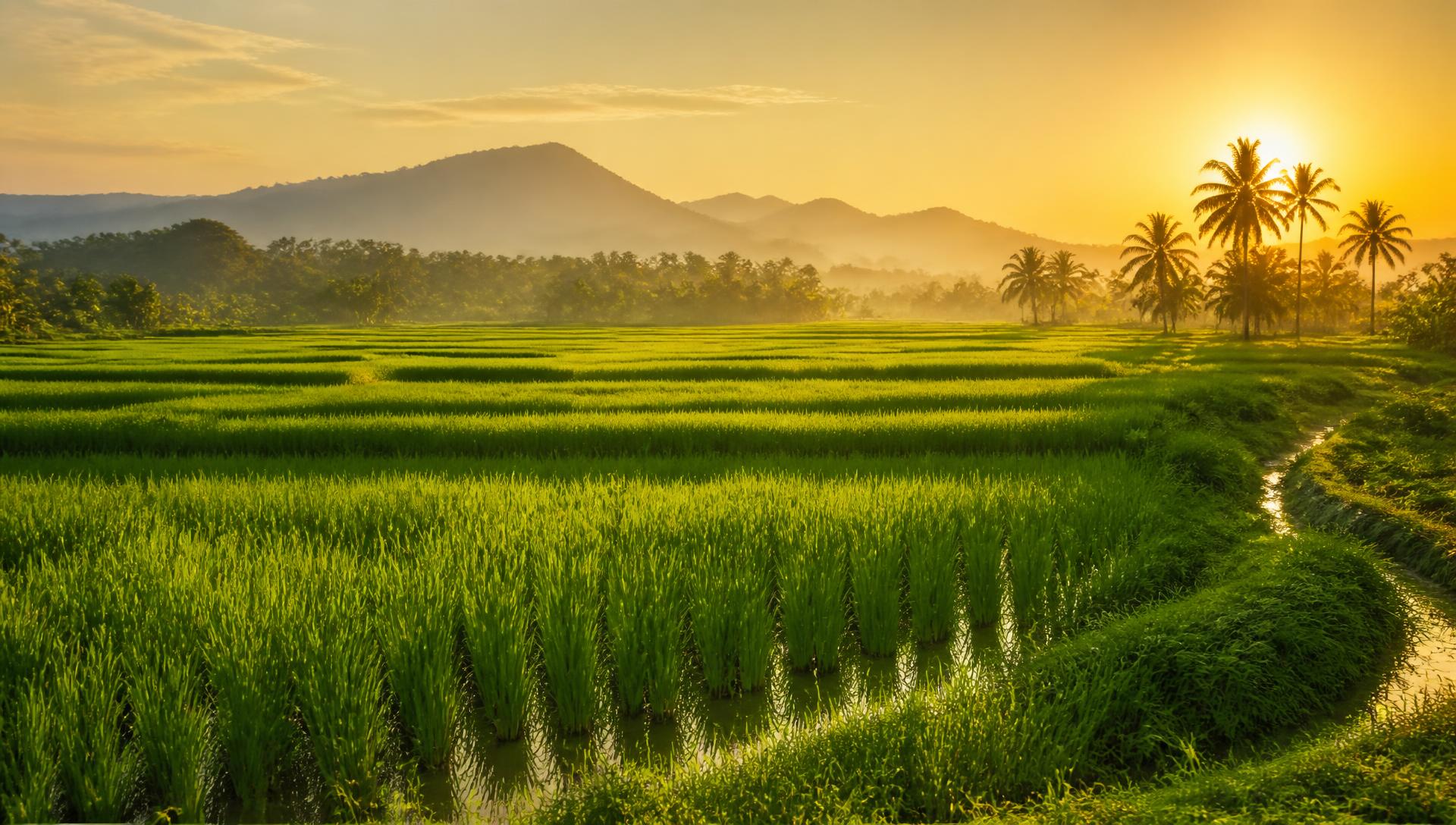 Green paddy field at sunrise